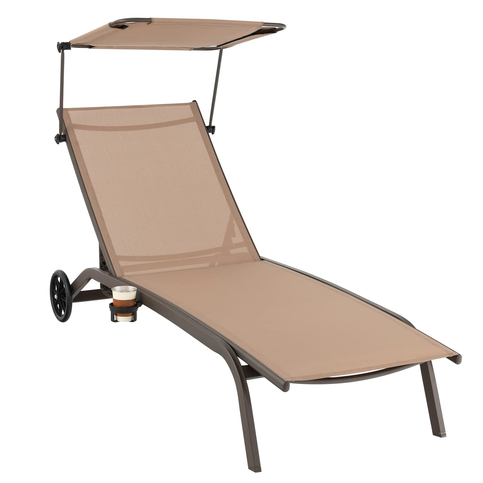 Chaise longue de patio Tangkula, transat extérieur avec roues, auvent réglable et porte-gobelet